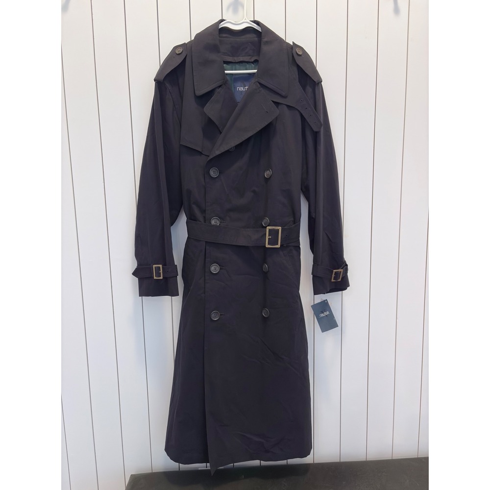 Nautica Trench Coat Mens 38R Black NWT Double Breasted Plaid Liner Dark Academia